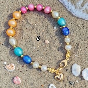 Freshwater Pearls Gold Heart Charm Rainbow Multicolor Bracelet NEW Handmade